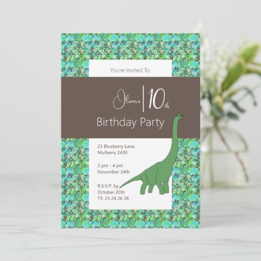 Invitation illusima Long Neck Dinosaur Brown 10e anniversaire (Debout devant)