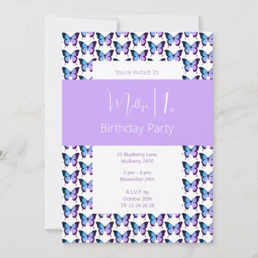 Invitation illusima Papillon Motif pourpre 1er anniversaire (Devant)