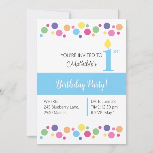 Invitation illusima Rainbow Circles, Blue Back, 1er anniversa (Devant)