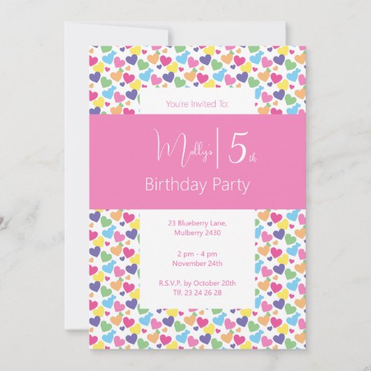 Invitation illusima Rainbow Love Hearts Girls 5e anniversaire (Devant)