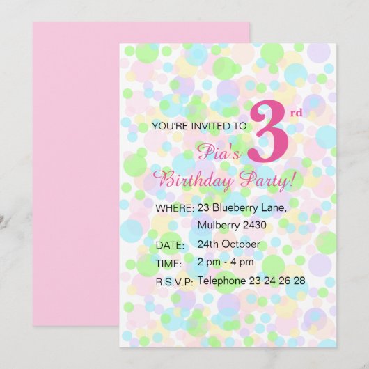 Invitation illusima Rainbow Pastel Dots Girls Rose Anniversai (Devant / Derrière)