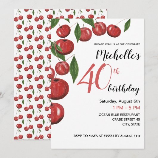 Invitation Illustration aquarelle de cerises douces pour anni (Devant / Derrière)