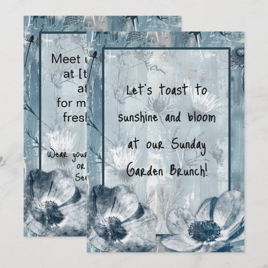Invitation Illustration botanique bleue vintage (Devant / Derrière)