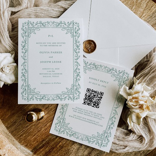 Invitation Illustration botanique | Code QR vert sauge Mariag
