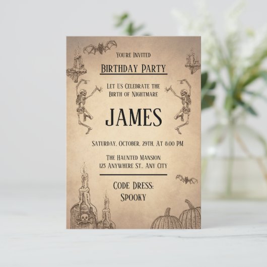 Invitation Illustration Brown beige Halloween Anniversaire (Debout devant)