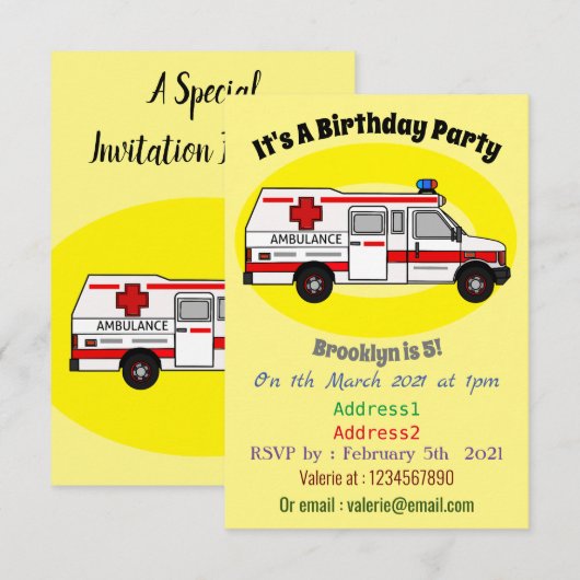 Invitation Illustration d'ambulance (Devant / Derrière)