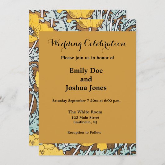 Invitation illustration d'art pavot fleur jaune (Devant / Derrière)