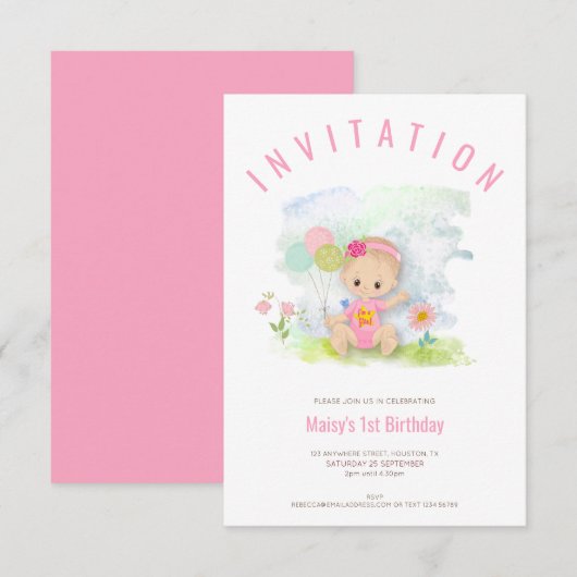 Invitation Illustration de bébé fille rose Premier anniversai (Devant / Derrière)