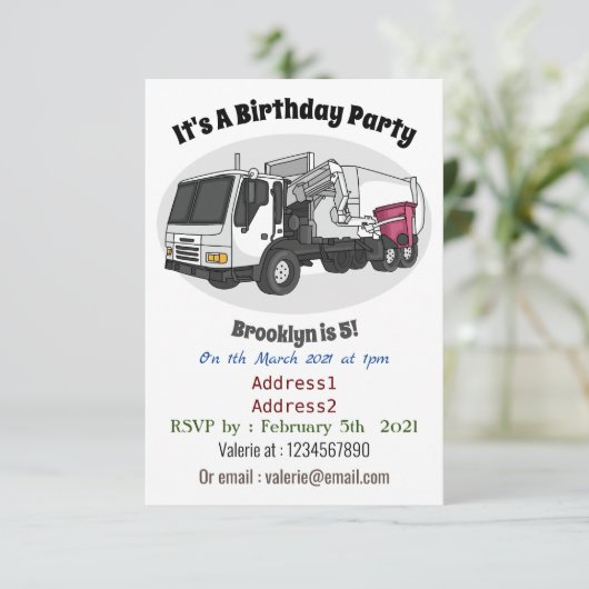 Invitation Illustration de camion à ordures (Debout devant)
