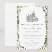 Invitation Illustration de château avec bordure de verdure po (Devant / Derrière)