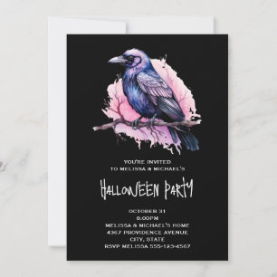 Invitation Illustration de corbeau noir sur une branche Hallo