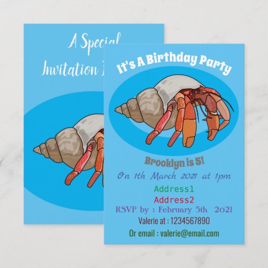 Invitation Illustration de crabe ermite (Devant / Derrière)