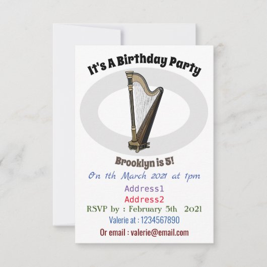 Invitation Illustration de dessin animé sur la harpe (Devant)