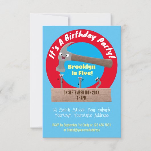 Invitation Illustration de dessin mignon, marteau et ongles (Devant)