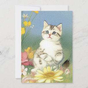 Invitation Illustration de Kitten vintage avec Fleurs Jaunes