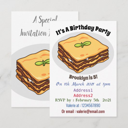 Invitation Illustration de Lasagna (Devant / Derrière)