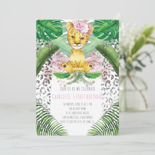 Invitation Illustration de Lion Fille Safari premier annivers (Debout devant)