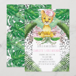 Invitation Illustration de Lion Fille Safari premier annivers