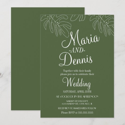Invitation Illustration de main de Monstera simple en vert (Devant / Derrière)
