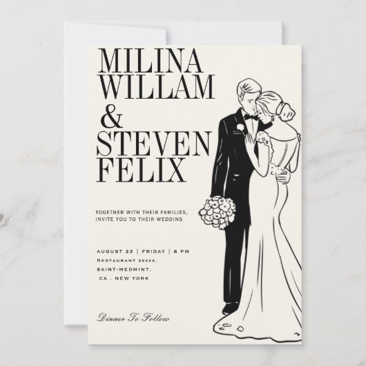 Invitation Illustration de mariage classique de mariés (Devant)
