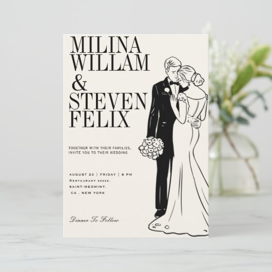 Invitation Illustration de mariage classique de mariés (Debout devant)