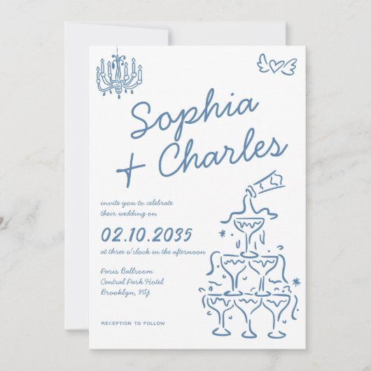 Invitation Illustration de mariage fantaisiste et ludique des (Devant)