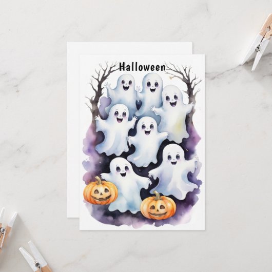 Invitation Illustration de mignons fantômes avec Halloween Ci (Devant/Arrière en situation)