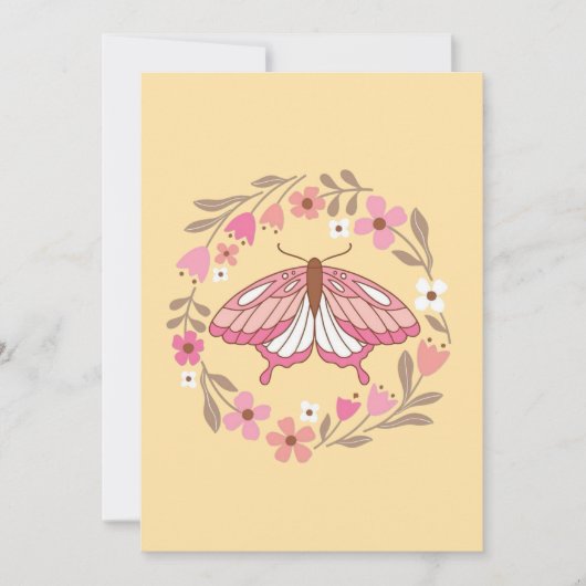 Invitation Illustration de papillon rose boho et de couronne (Devant)