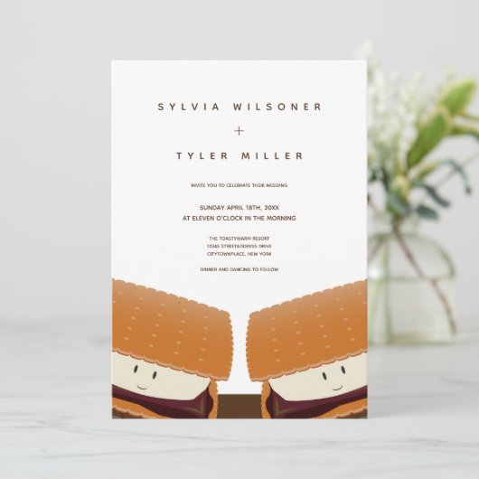 Invitation Illustration de S'more Mariage Blanc Brun Vertical (Debout devant)