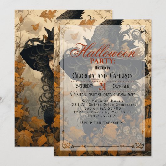 Invitation Illustration d'Halloween sorcière (Devant / Derrière)