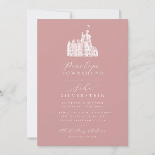Invitation Illustration du château Script Dusty Rose Mariage (Devant)