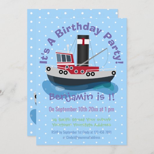 Invitation Illustration d'un bateau à chalutier mignon (Devant / Derrière)