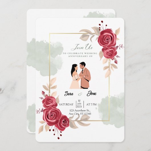 Invitation Illustration élégante des Roses rouges et des Coup (Devant / Derrière)