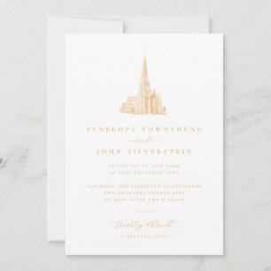Invitation Illustration élégante vintage d'église Mariage Or