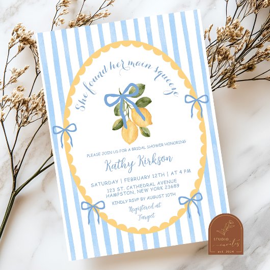 Invitation Illustration Fantaisiste Ruban Bleu Citron Mariage