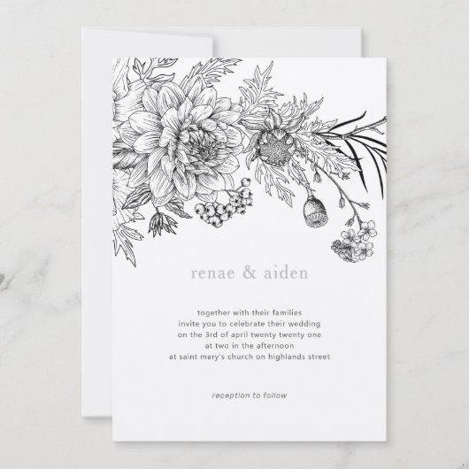 Invitation Illustration florale noir et blanc mariage (Devant)