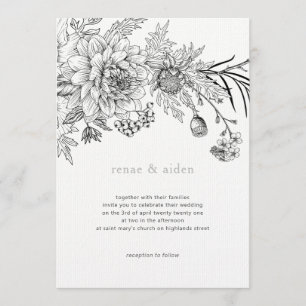 Invitation Illustration florale noir et blanc mariage