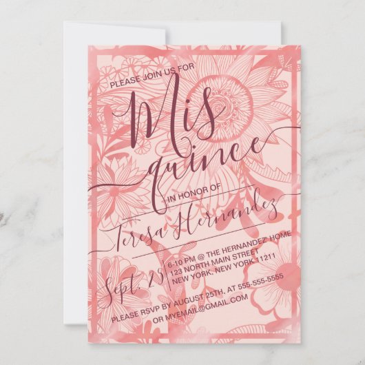 Invitation Illustration florale rose aquarelle Quinceañera (Devant)