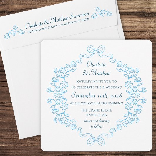 Invitation Illustration Flore & Bow Mariage bleu