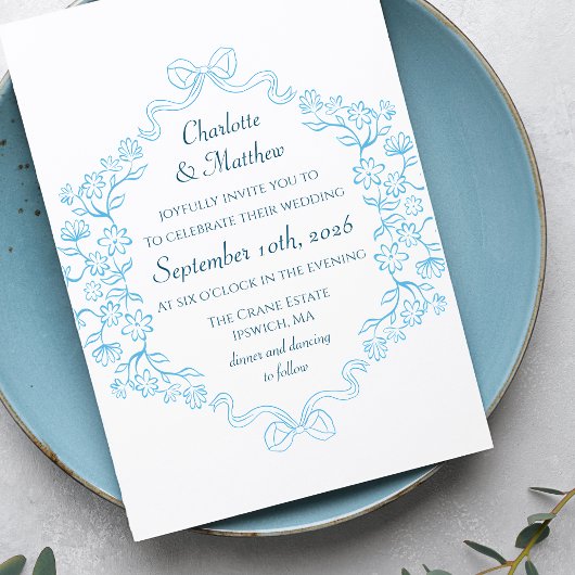 Invitation Illustration Flore & Bow Mariage bleu