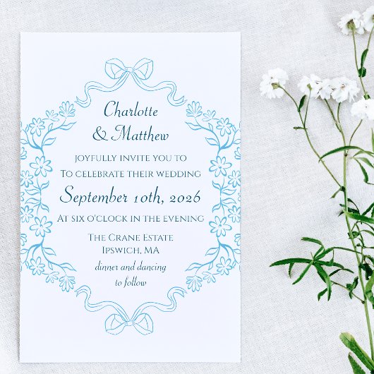 Invitation Illustration Flore & Bow Mariage bleu