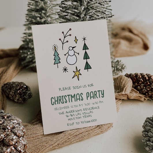 Invitation Illustration Green Christmas Trees Snowman Party