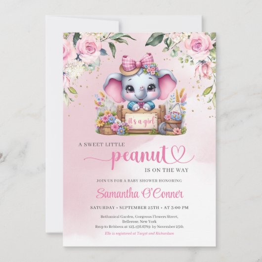 Invitation Illustration moderne éléphant petit arachide rose (Devant)