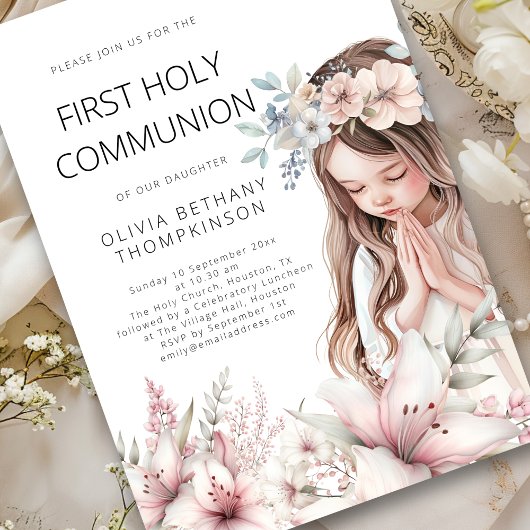 Invitation Illustration moderne Fille Florale 1ère sainte com