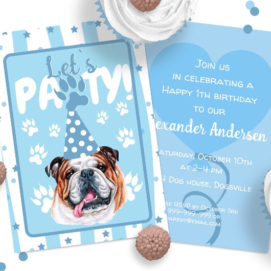 Invitation Illustration Pawty bulldog bleu anniversaire