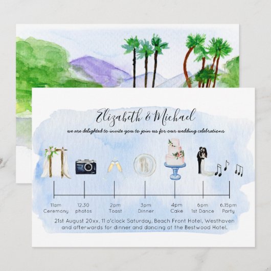 Invitation Illustration Tropical Beach Wedding Icons (Devant / Derrière)