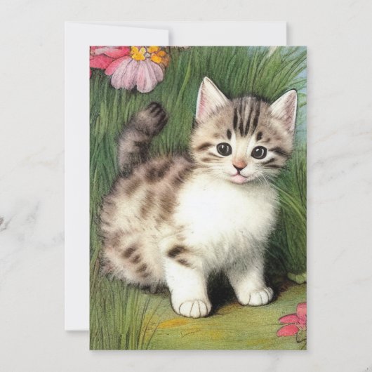 Invitation Illustration vintage de chat avec Fleurs rouges (Devant)