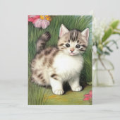 Invitation Illustration vintage de chat avec Fleurs rouges (Debout devant)