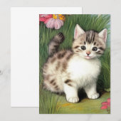 Invitation Illustration vintage de chat avec Fleurs rouges (Devant / Derrière)