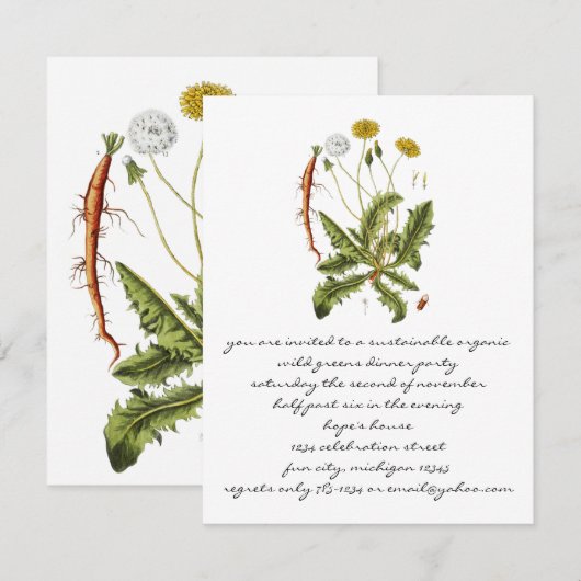 Invitation Illustration vintage du Dandelion (Devant / Derrière)